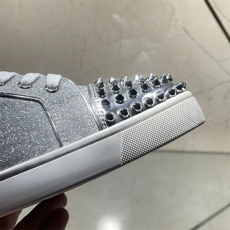 Fashion Luxury Brands Red Bottom Low Top Silver Crystal Rivet Shoes For Men's Casual Flat Loafers Women's Wedding Party Sneakers
