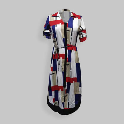 Women's Autumn New Fashion and Elegant Commuter Print V-neck Lace up Long Sleeve Slim Fit Mid length Dress
