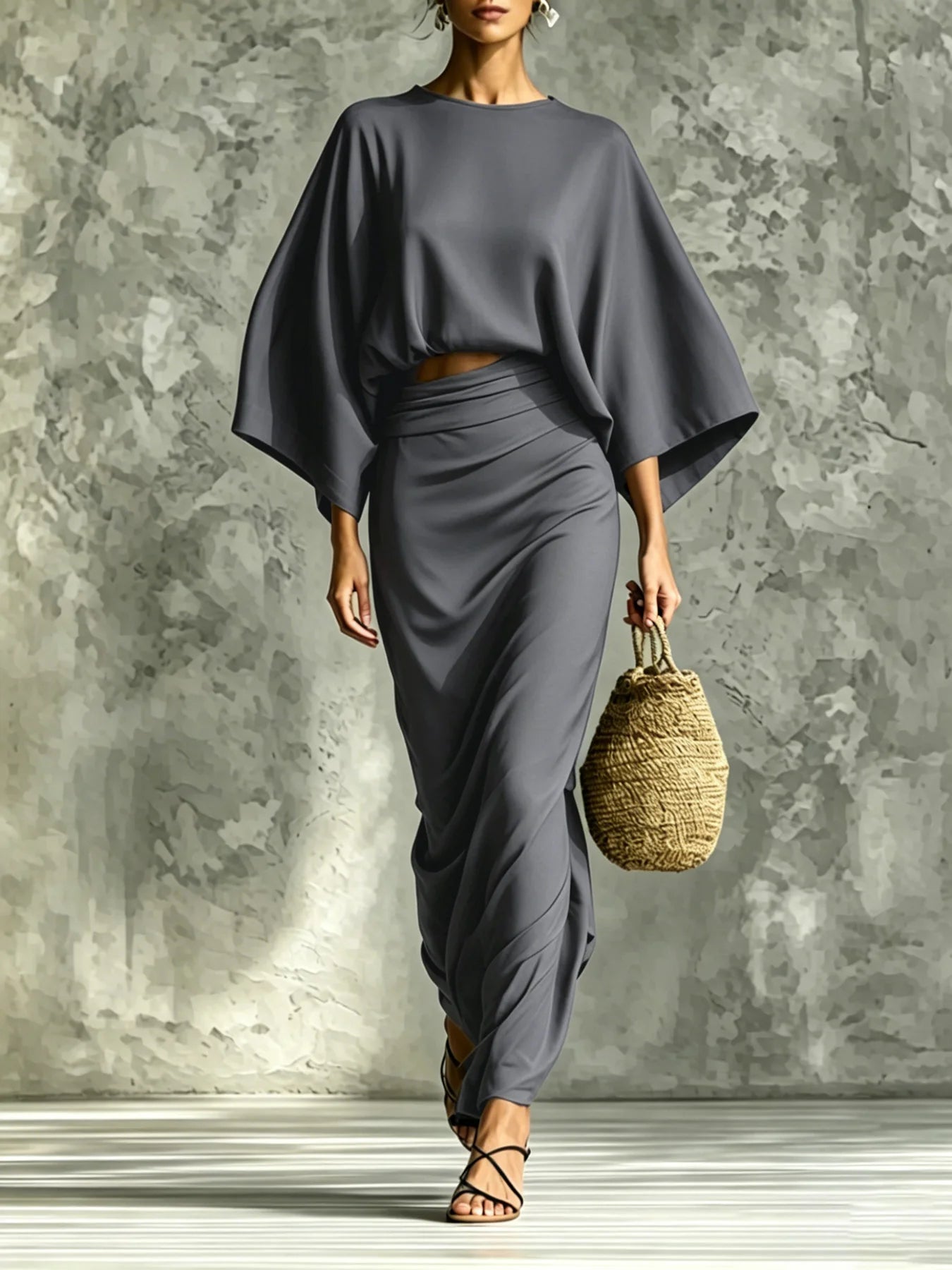 Two-Piece Woman High-Waist Chic Dress Set,  Round Neck Three-Quarter Sleeve Short Top and Skirt Set
