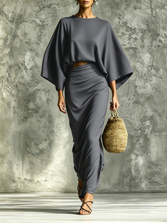 Two-Piece Woman High-Waist Chic Dress Set,  Round Neck Three-Quarter Sleeve Short Top and Skirt Set