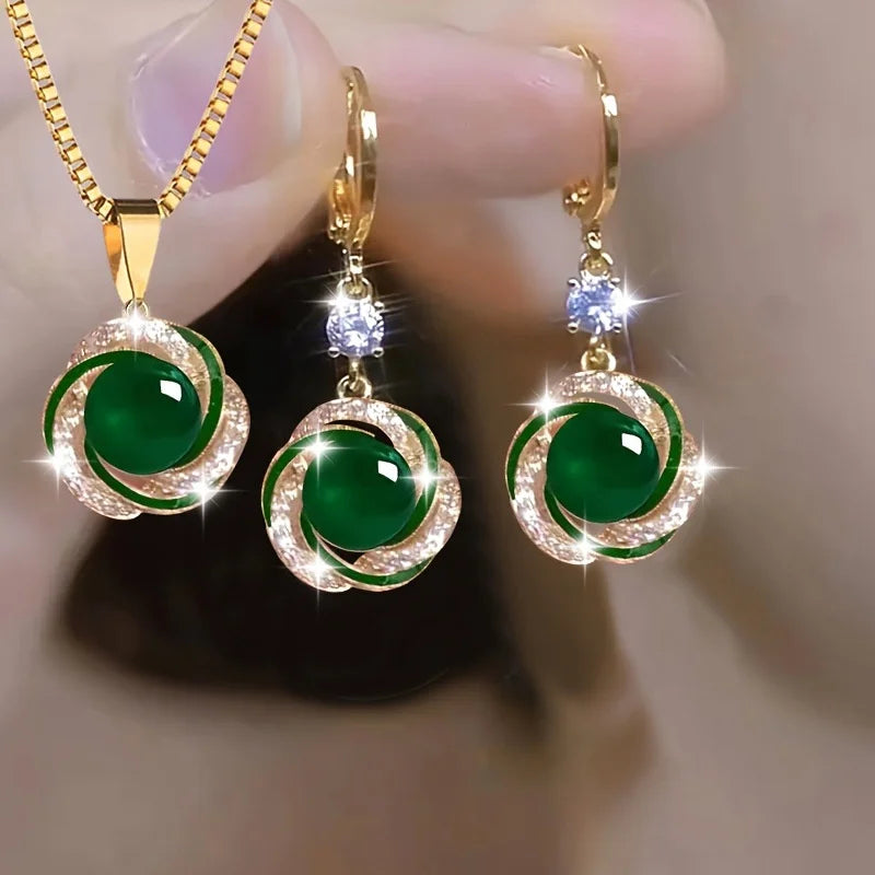 3pcs Shining Zircon Flower Jewelry Sets for Women Light Luxury Imitation Pearl Pendant Necklace Earrings Banquet Party Jewelry