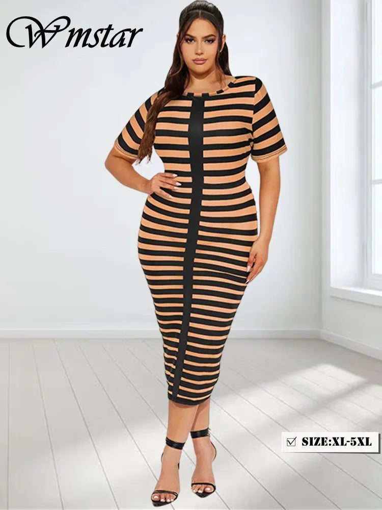 Wmstar Plus Size Dresses for Women Short Sleeve striped Maxi long Dress Bodycon Strech New in Summer Wholesale Dropshipping