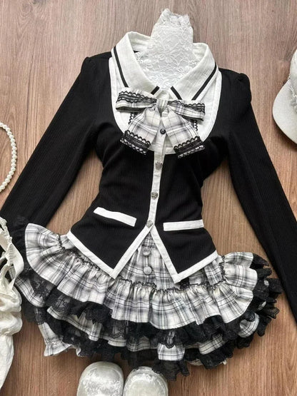 Fashion Sweet Slim Short Sleeve 2 Piece Set Women Design Chic Lapel Bow Patchwork Tops + High Waist Thin Plaid Short Skirt New