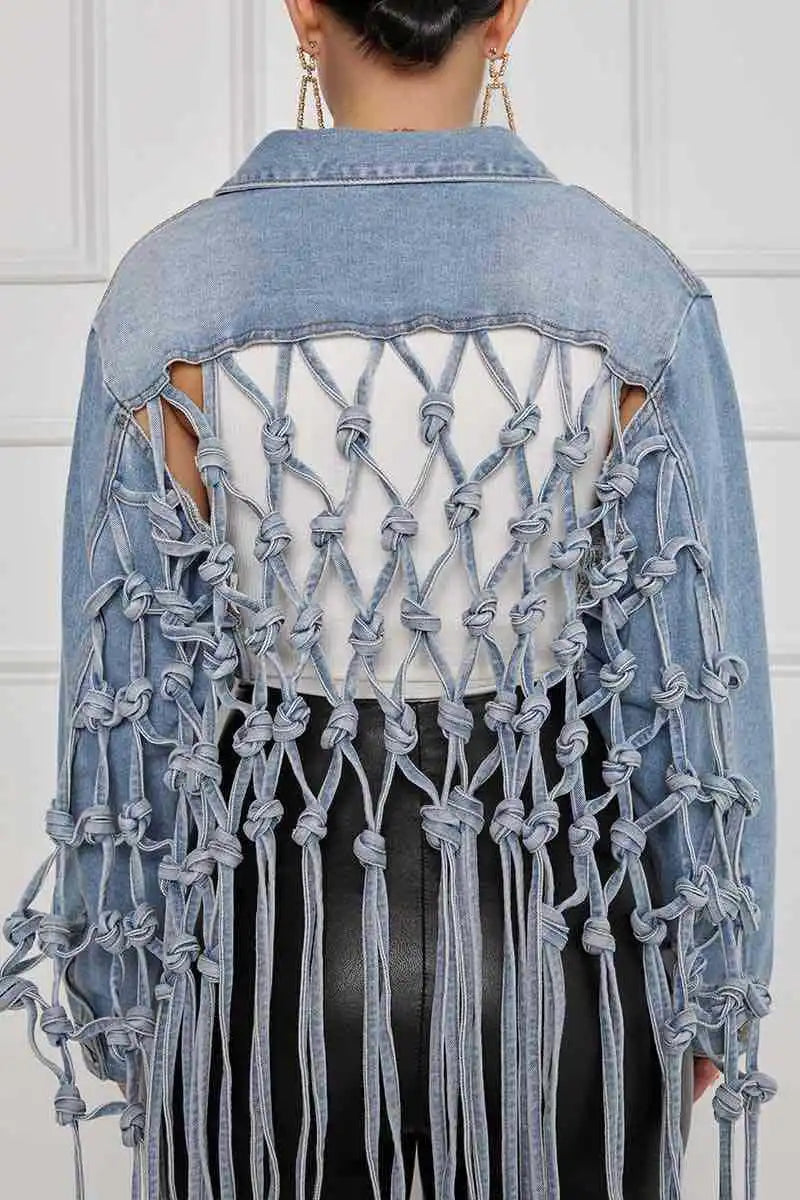 Women Denim Jacket Back Grid Fringe Design Denim Jacket Ladies Spring and Fall Fashion Short Personalized Jacket Coat 2024 New