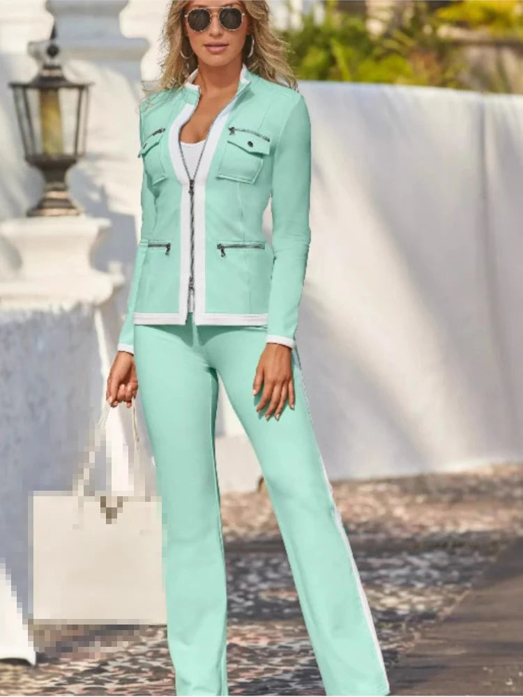 Autumn And Winter New Fashion Solid Color Casual Two Piece Sets Elegant Women Slim Simple Zipper Top Straight Sweatpants Suit