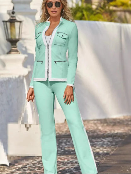 Autumn And Winter New Fashion Solid Color Casual Two Piece Sets Elegant Women Slim Simple Zipper Top Straight Sweatpants Suit