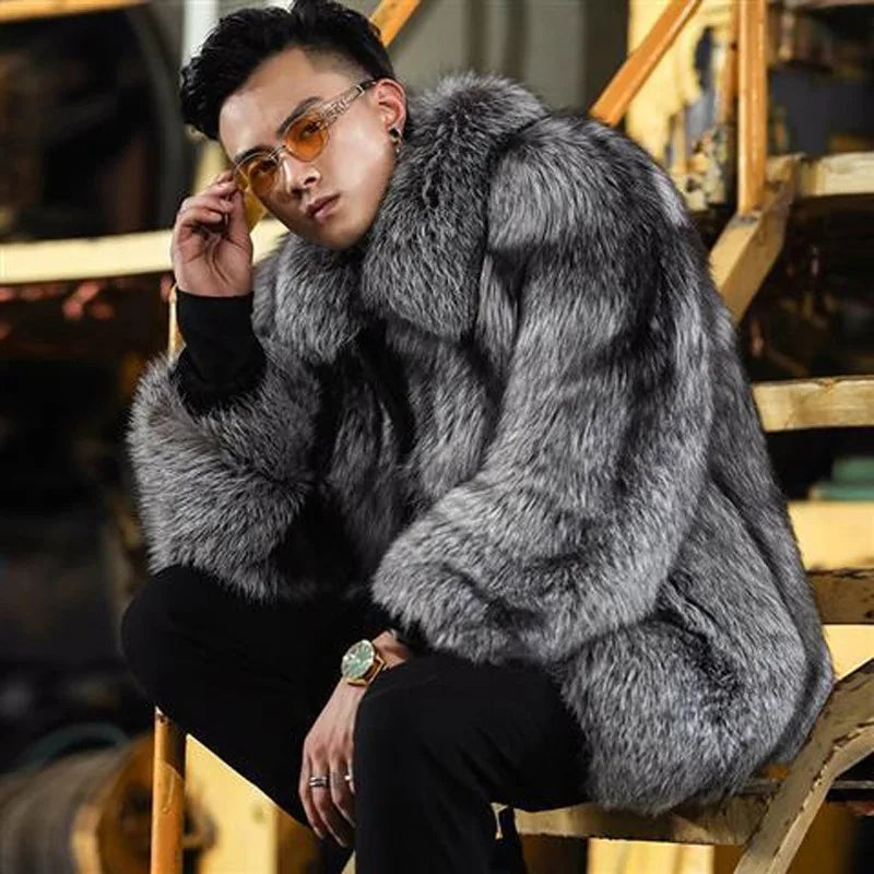 S-6XL Size Fashion Men's Faux Fur Jacket New Fox Fur Short Style Autumn Winter Warm Gray Men's Leather Coat Casual Parkas