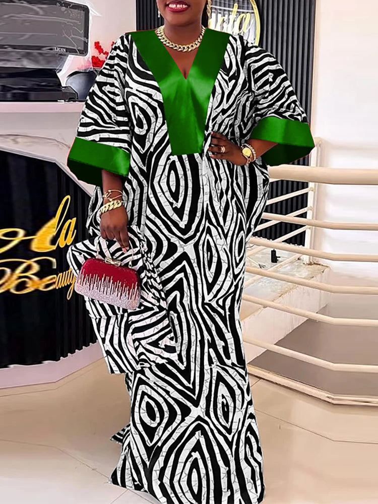 Plus Size 5XL VONDA Vintage Maxi Dresses Women Flare Sleeve Satin Sundress V-Neck Printing Patchwork Long Vestidos Party Robe