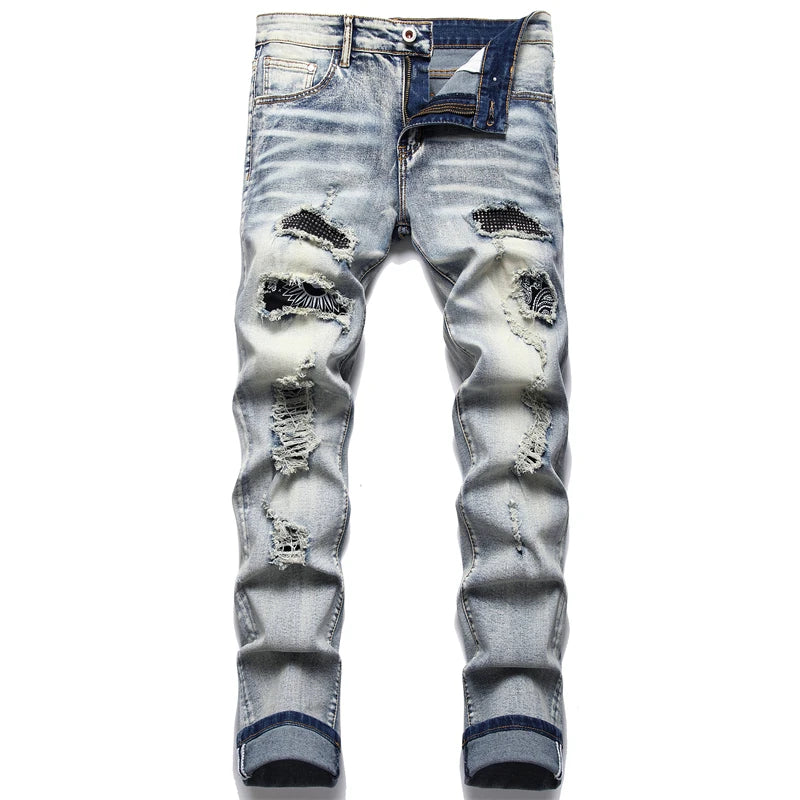 Men Biker Jeans Streetwear Paisley Bandana Print Patch Stretch Denim Pants Patchwork Holes Ripped Slim Straight Black Trousers