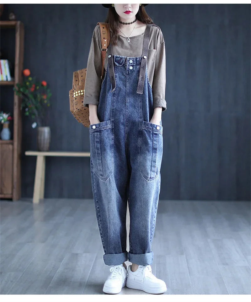 Jumpsuit Women Jeans Rompers New Retro Big Pocket Loose Denim Overalls Fashion Large Size Wide-leg Pants Drop Shipping