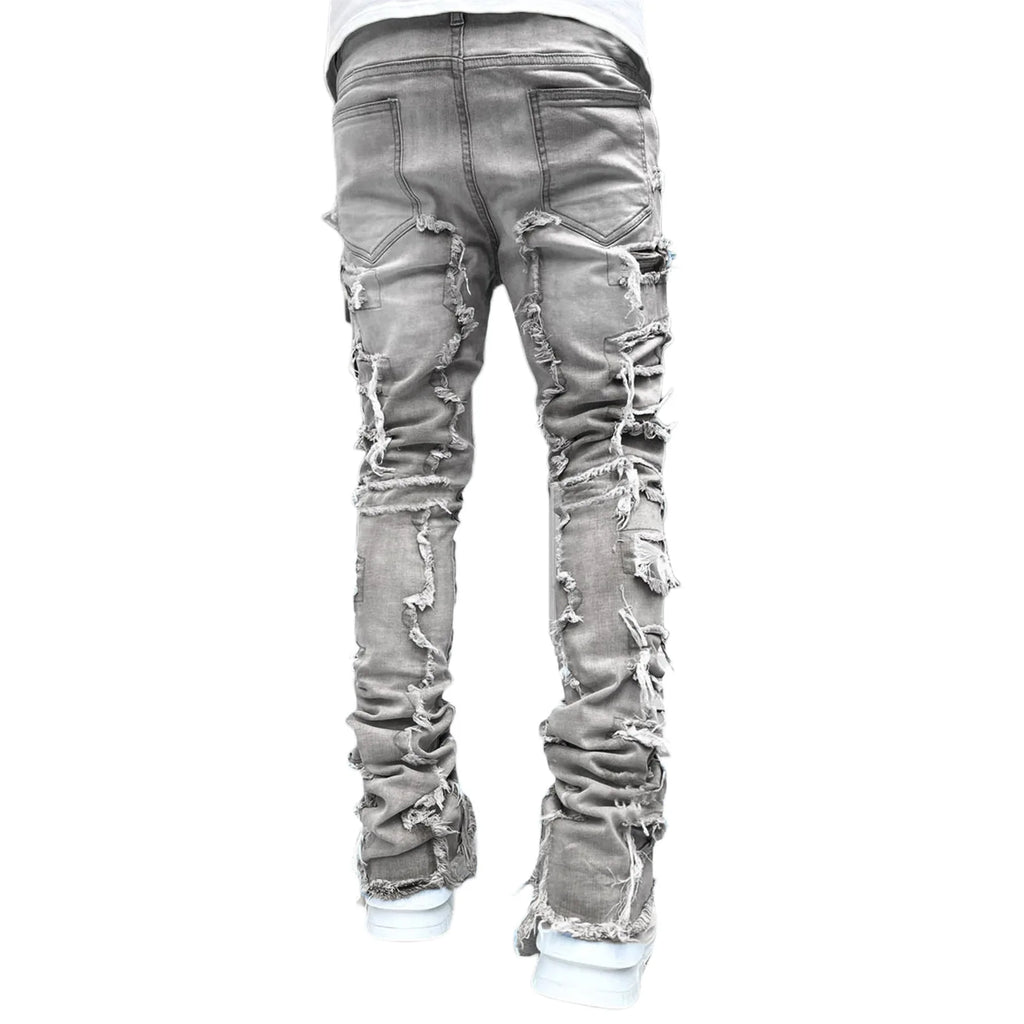 New Fashion Stretch Jeans Man Stacked Jeans Elastic Waist Straight Fit Patchworks Denim Long Pants Fringe Ripped Jeans For Men