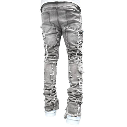New Fashion Stretch Jeans Man Stacked Jeans Elastic Waist Straight Fit Patchworks Denim Long Pants Fringe Ripped Jeans For Men