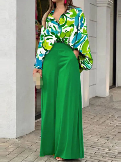 Spring Autumn New Women's Fashion Printed Single Breasted Shirt Solid Color Pants Casual Comfort Two Piece Set
