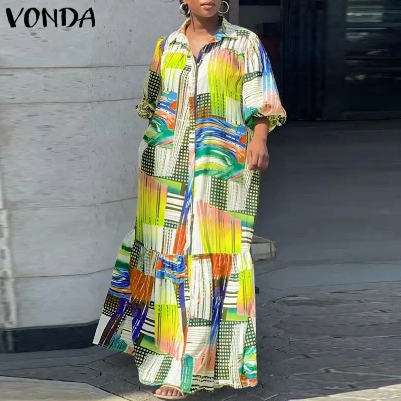 VONDA Plus Size 5XL Bohemian Printed Dress Autumn Women Elegant Long Sleeve Vintage Maxi Sundress Casual Button Loose Party Robe