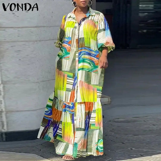 VONDA Plus Size 5XL Bohemian Printed Dress Autumn Women Elegant Long Sleeve Vintage Maxi Sundress Casual Button Loose Party Robe