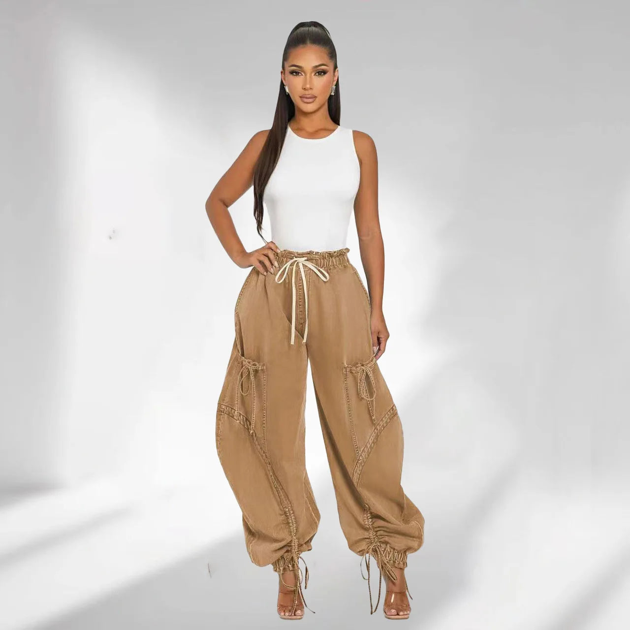 Lace Up Wide Leg Jeans Cargo Pants Sexy Women High Waist Elegant Streetwear Denim Loose Trousers