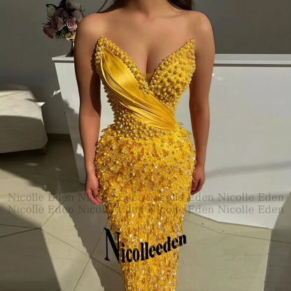 Nicolle Luxury V Neck Prom Dresses for Women Pearls Crystals Sequined Pleats Sheath Party Vestidos De Festa Customized