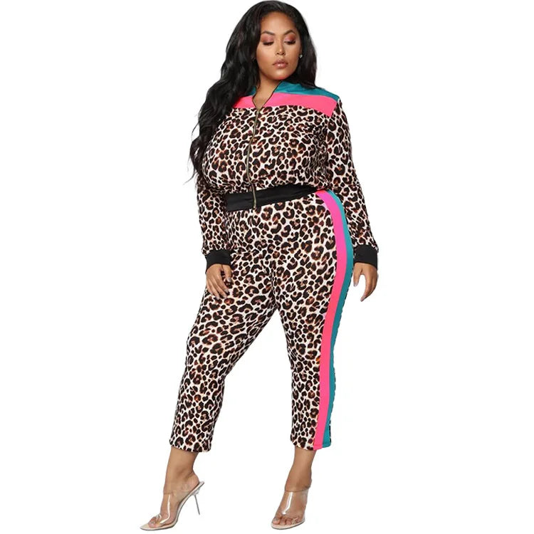 Two-piece Sets Plus Size Women's Clothing Spring Fashion Sexy Leopard Jacket + Pants Suit Casual Splicing Large Size Outfits