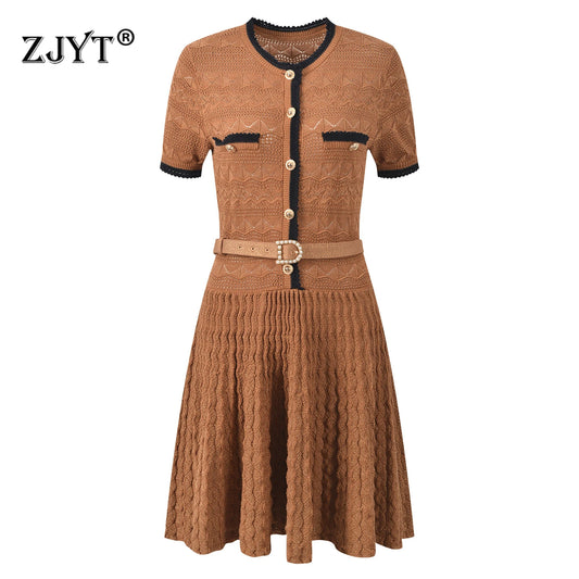 ZJYT Summer Knitted Dresses for Woman 2026 New Designer Fashion Short Sleeve Belted Casual Mini Party Dress Pleated Vintage
