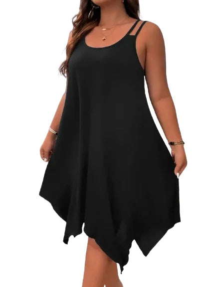 Plus Size Womens Solid Strappy Asymmetrical Hem T Shirt Midi Dress Ladies Sleeveless Casual Loose Summer Holiday Sundress XL-5XL
