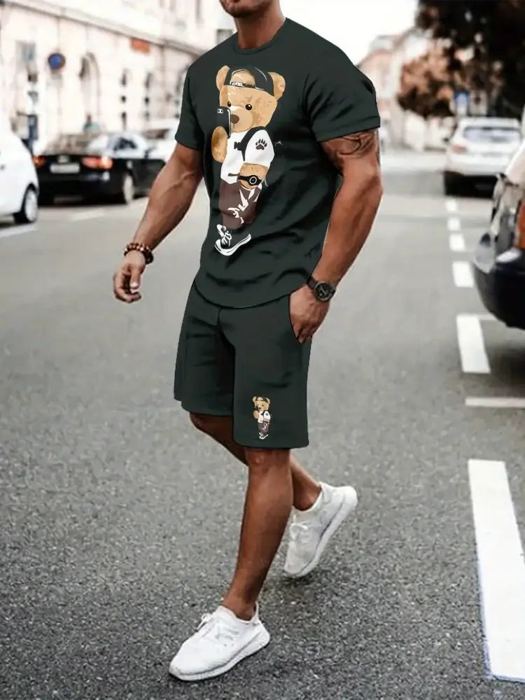 Herren Sommer Kurzarm-Set Hip-Hop Cartoon Bären-Print Kurzarm-Oberteil Shorts Lässiger Zweiteiler Outdoor Urban Street Fashion