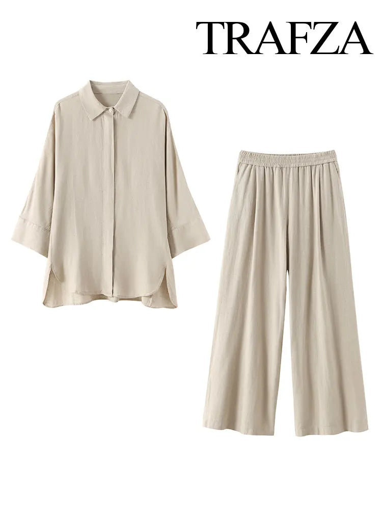 TRAFZA  Women 2 Piece Set Elastic Waist Pocket Folds Decorate Wide Leg Pants+Solid Single-Breasted Slit Hem Blouse Top