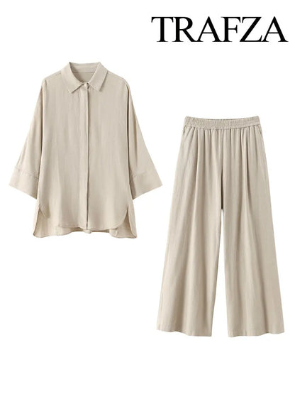 TRAFZA  Women 2 Piece Set Elastic Waist Pocket Folds Decorate Wide Leg Pants+Solid Single-Breasted Slit Hem Blouse Top