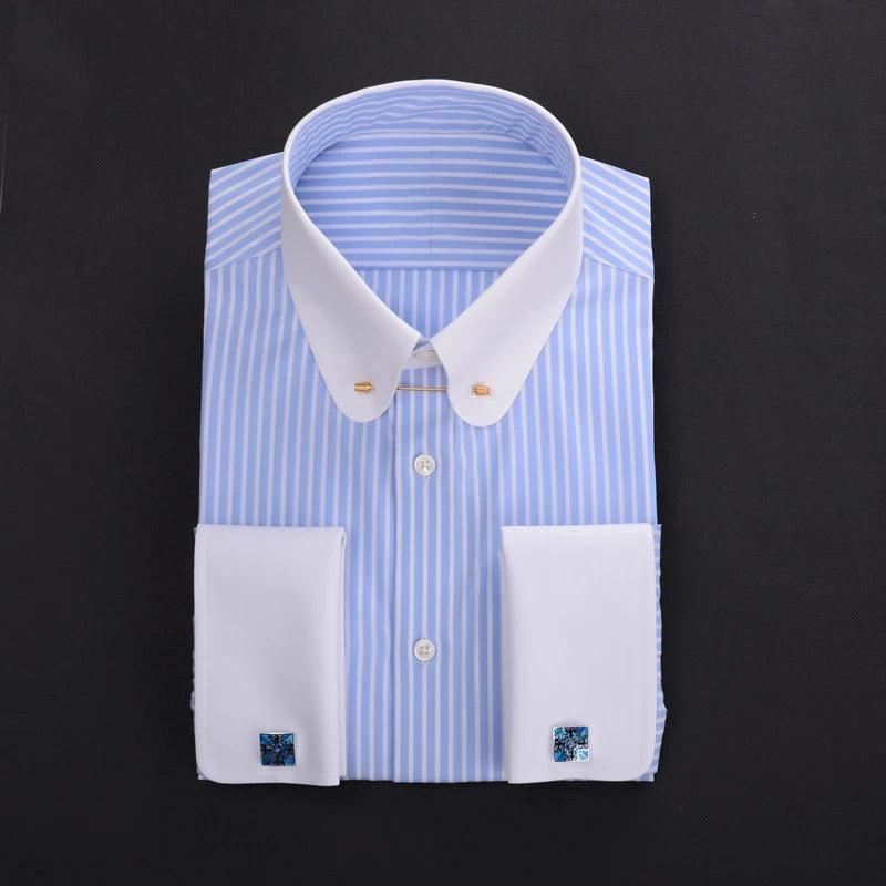 Pinhole collar empire collar patchwork collar French cuffs men's shirt manager business 100% cotton stripe custom shirt for men