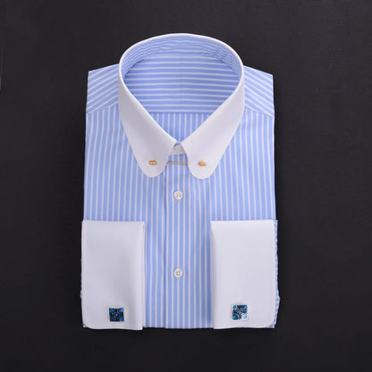 Pinhole collar empire collar patchwork collar French cuffs men's shirt manager business 100% cotton stripe custom shirt for men