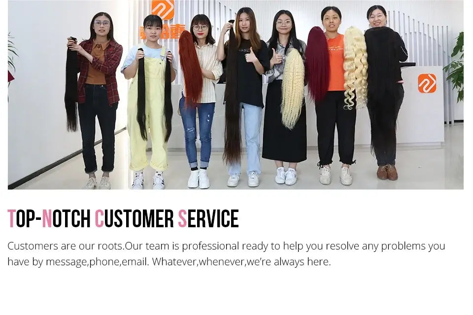 Top-notch customer service team holding various hair products, ready to assist customers with any issues.