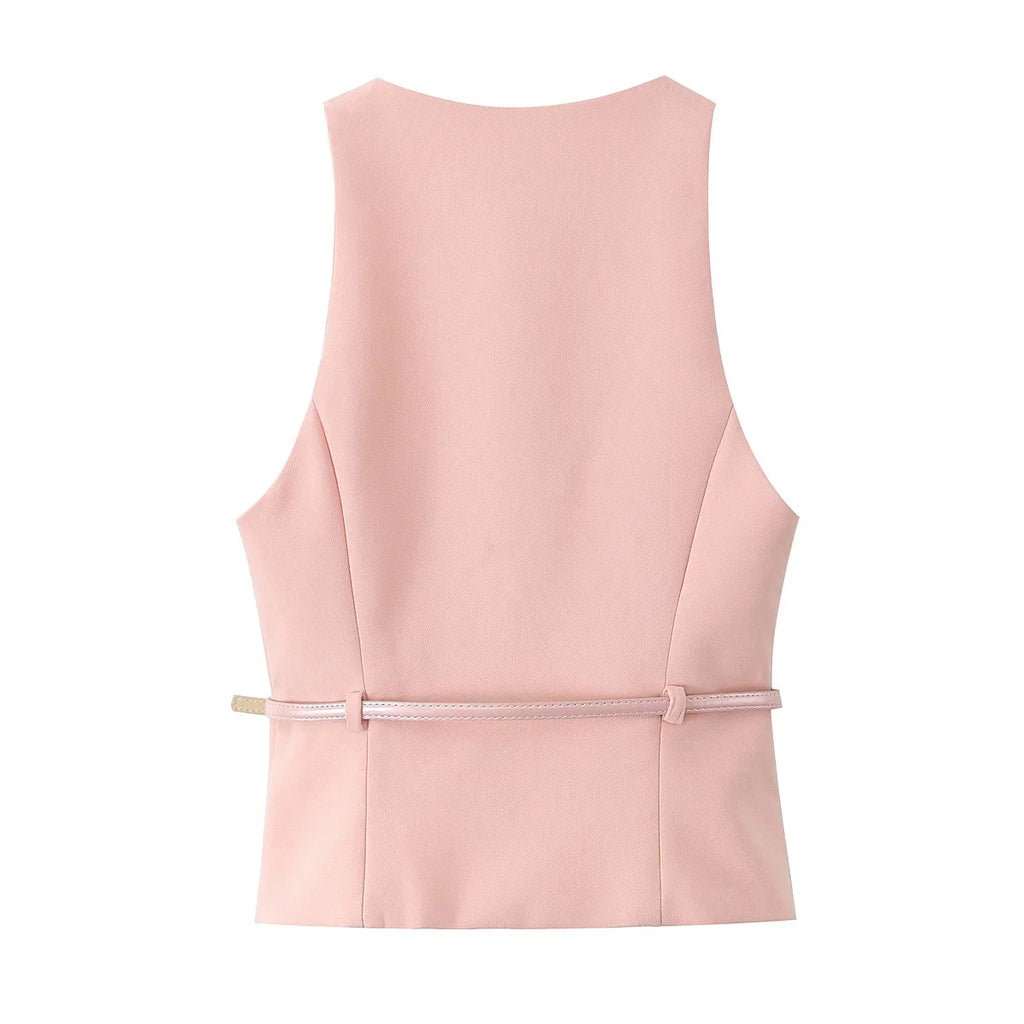 TRAFZA Vintage Chic Solid Women Suit V Neck Sleeveless Sashes Vest Blazer Straight Shorts New Fashion  Summer Office Sets