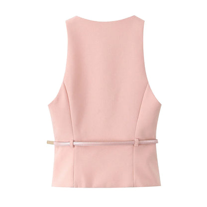 TRAFZA Vintage Chic Solid Women Suit V Neck Sleeveless Sashes Vest Blazer Straight Shorts New Fashion  Summer Office Sets