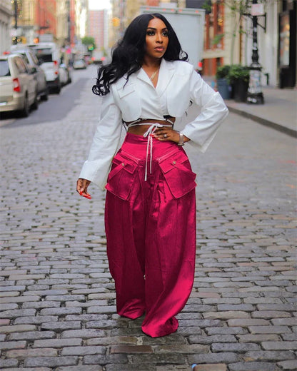 Solid Color Multi-pocket Loose Pants Women High Street Wide Leg Pants Straight High-waisted Oversized Y2K Trousers Pantalones