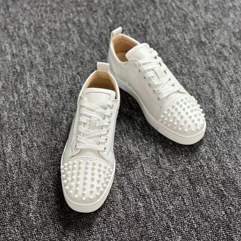 mens casual punk rock rivet shoes black white flat studded shoe breathable genuine leather sneakers young stylish footwear male