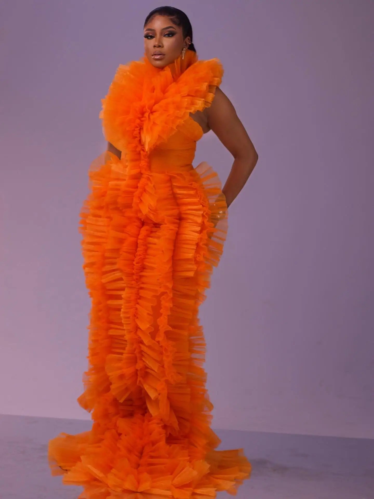 Stunning Orange Ruffle Tulle Evening Dresses 2026 New Pleated Tiered Formal Prom Gown Party Dress for Photoshoot Red Carpet Gown