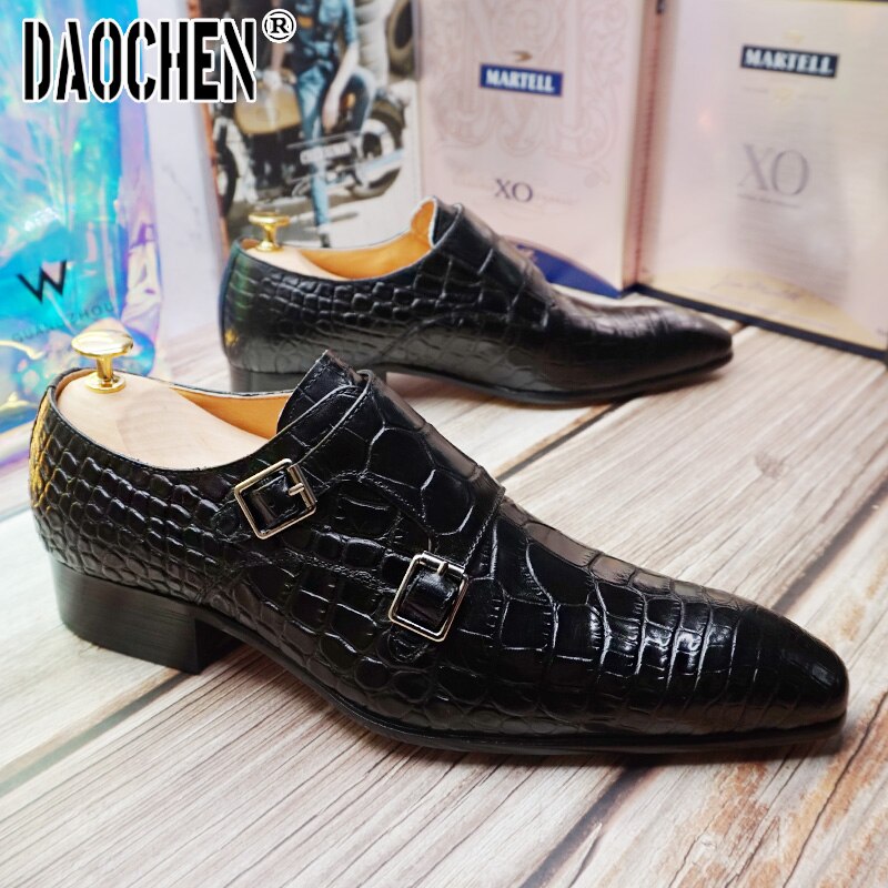 Luxury Men Loafers Shoes Slip On Double Monk Strap Black Brown Men Dress Leather Shoes Office Business Wedding Men Casual Shoes