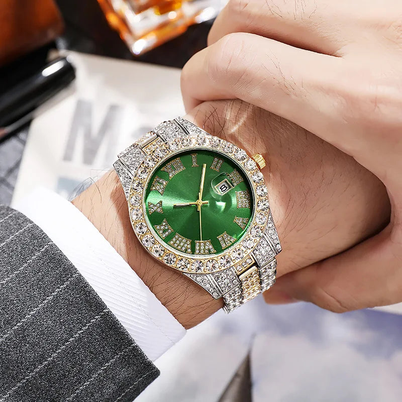 Luxury Hip Hop Stainless Steel Gold Color Calendar Watch For Men Iced Out Paved Rhinestones Men Watch Reloj Hombre