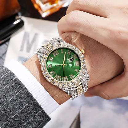 Luxury Hip Hop Stainless Steel Gold Color Calendar Watch For Men Iced Out Paved Rhinestones Men Watch Reloj Hombre