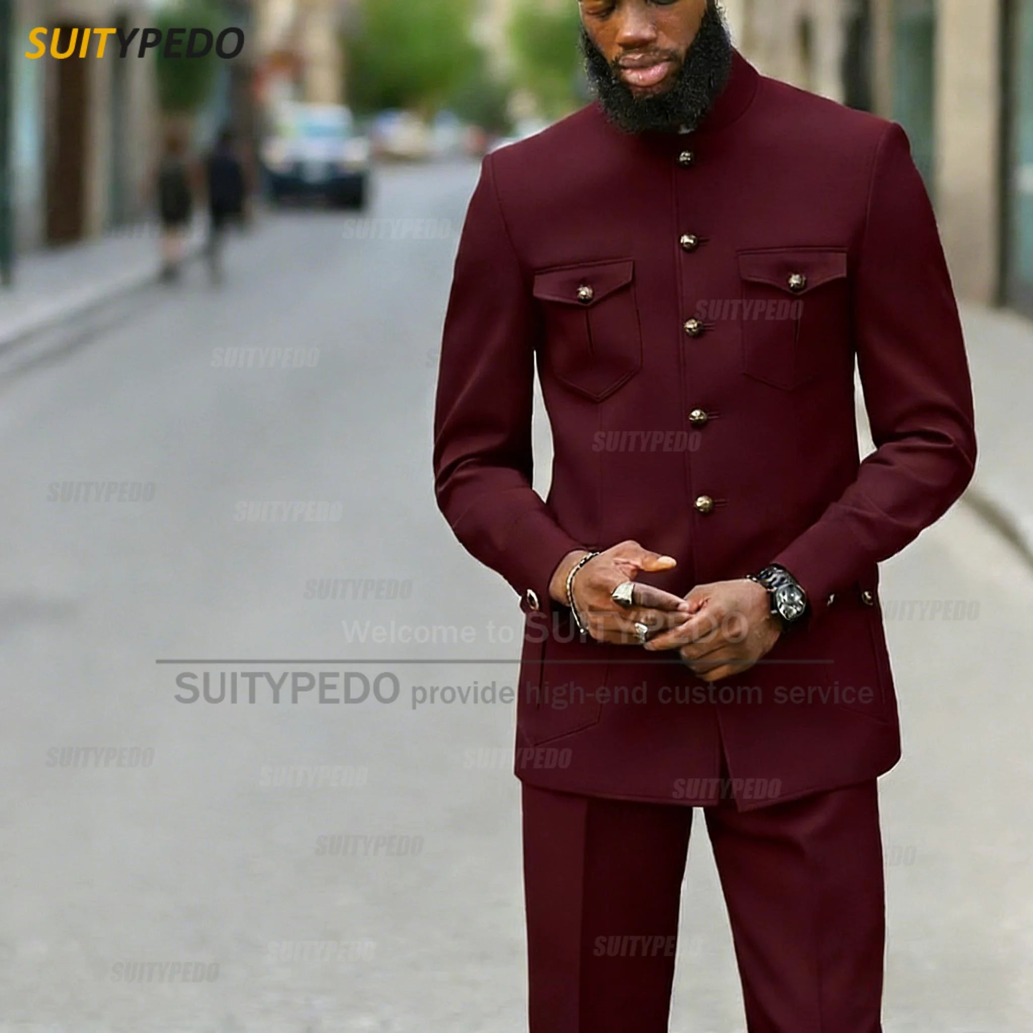 Fashion Stand Collar Men's Suit Newest Smart Casual Four Pockets Prom Formal Hommes 2 Pieces Blazer And Pants Sets Texudos