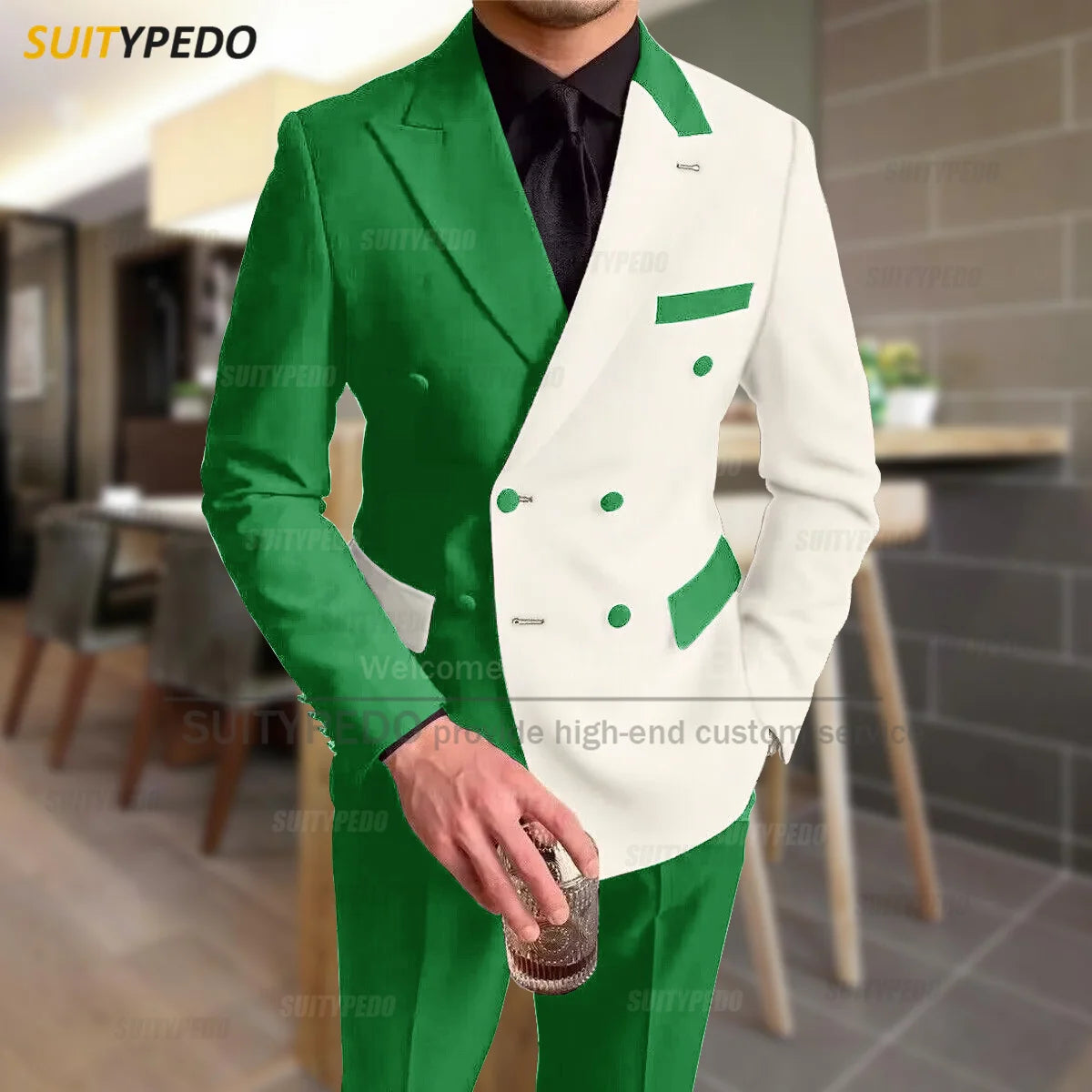 Fashion Black Ivory Splicing Men Suit Casual Party Classic Double Breasted Jacket Evening Dinner Elegant Blazer Pants Outfits