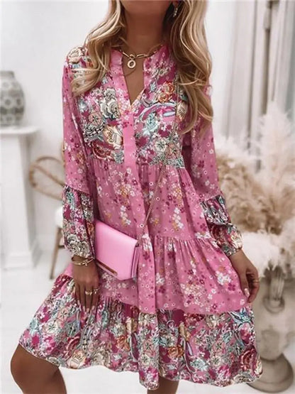 Casual Floral Print Dresses For Women  Sping Summer Boho V Neck Loose A Line Dress Elegant Beach Party Dress Robe Femme