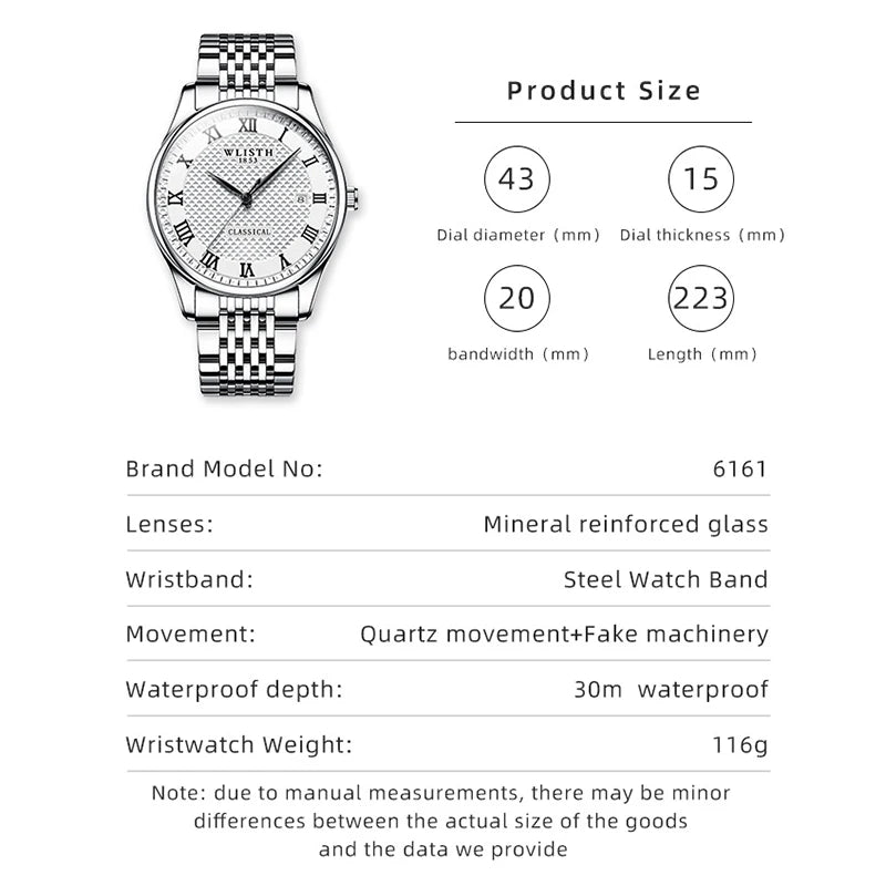 WLISTH Luxury Stainless Steel Watches for Man Waterproof Luminous Quartz Watches Roman Scale Wristwatch Date Week Men Watch