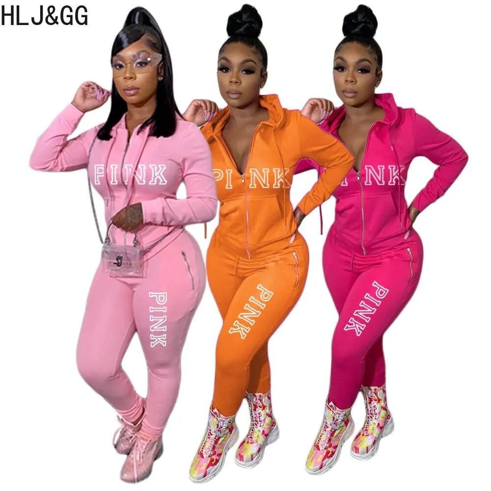 HLJ&GG Casual PINK Letter Print Two Piece Sets Women Outfits Fall Winter Hooded Zip Coat And Pants Tracksuits Female Sport Suits