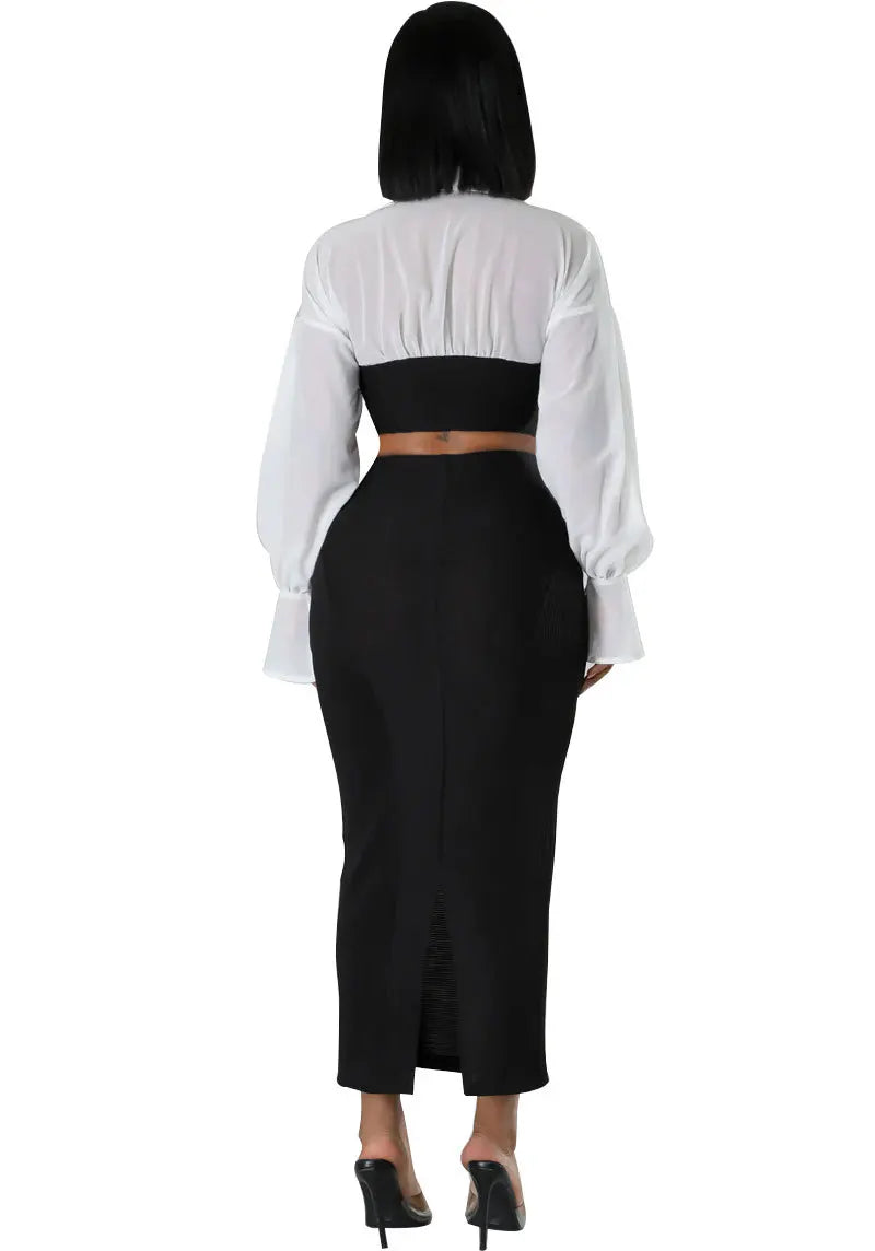 CM.YAYA Womens Two 2 Piece Sets Full Sleeve Shirt and Split Long Skirt Suit  Fall Streetwear Sexy Night Club Party Outfits