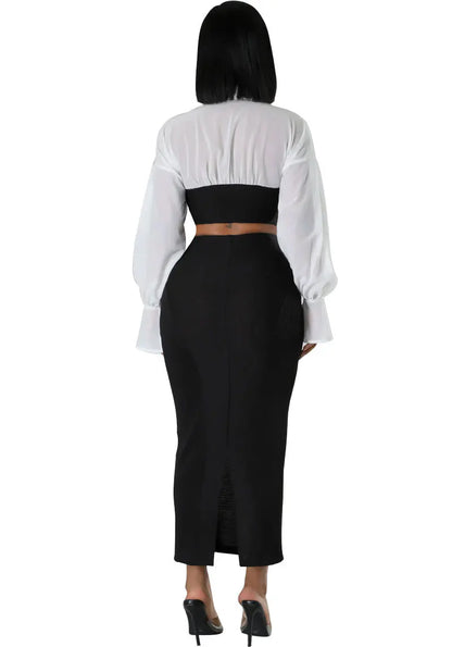 CM.YAYA Womens Two 2 Piece Sets Full Sleeve Shirt and Split Long Skirt Suit  Fall Streetwear Sexy Night Club Party Outfits