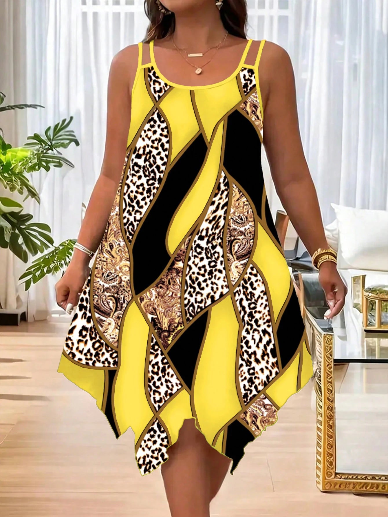 Plus-size women's fashion asymmetrical geometric stripes printed double strap dress