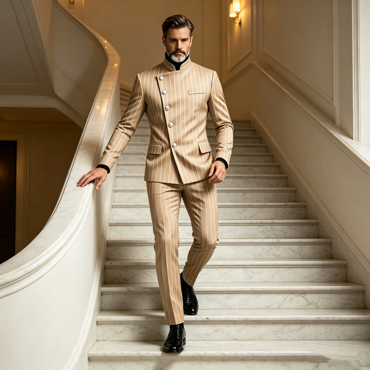Herren Nadelstreifen Business Anzüge Einreihiger Stehkragen Slim Fit Anzug Jacke Hose 2-teiliger festlicher Smoking für Hochzeitsfeier