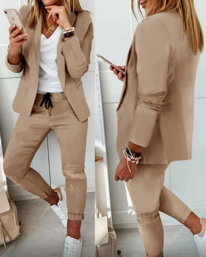 Women's Monochrome Casual Business Suit Temperament Commuting Pants Drawstring Elastic Waist Fashion Slit Suit Two-piece Set