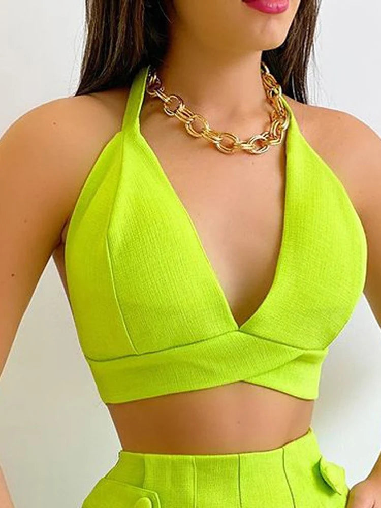 Summer Short Sets Women Casual Halter Two Pieces Suits Sexy Ladies Lace Up Deep V Neck Crop Top & Pocket Design Shorts Set