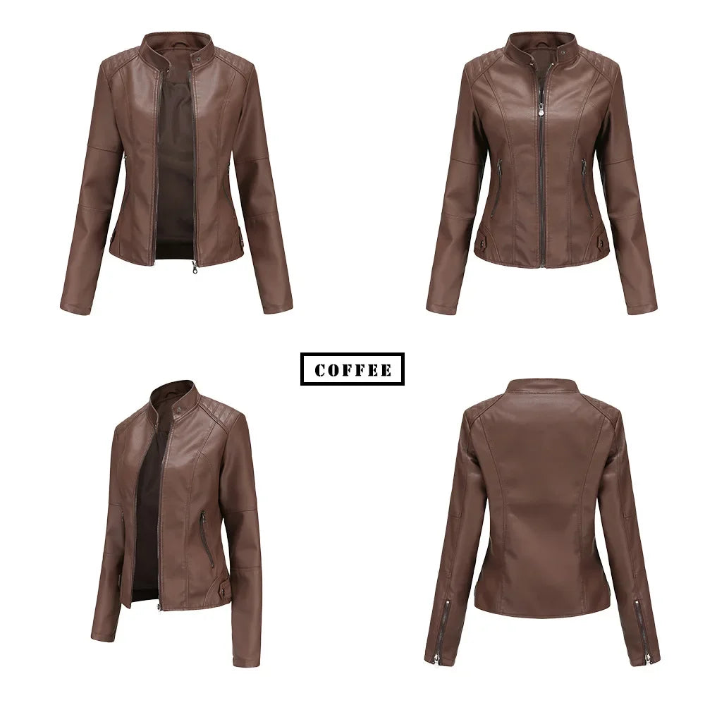 Autumn New Women's Leather Jacket, Fashionable Trim Motorcycle Women PU Coat Black Purple Brown Tops Female Menteau